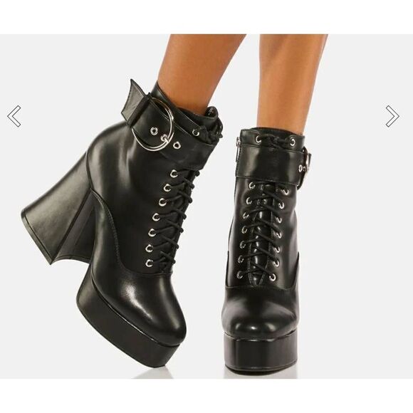 BNIB~Dolls Kill Lamoda Black Hardly Lace Up Buckle Accent Platform Boots Sz 10M - Picture 9 of 10